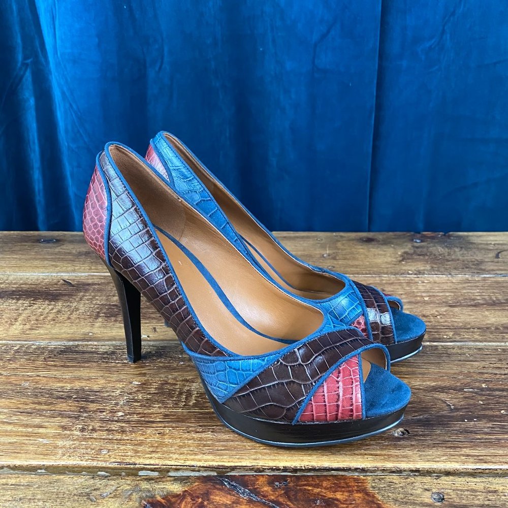 Nine West Patchwork Snake Embossed Peep Toe Pumps… - image 2